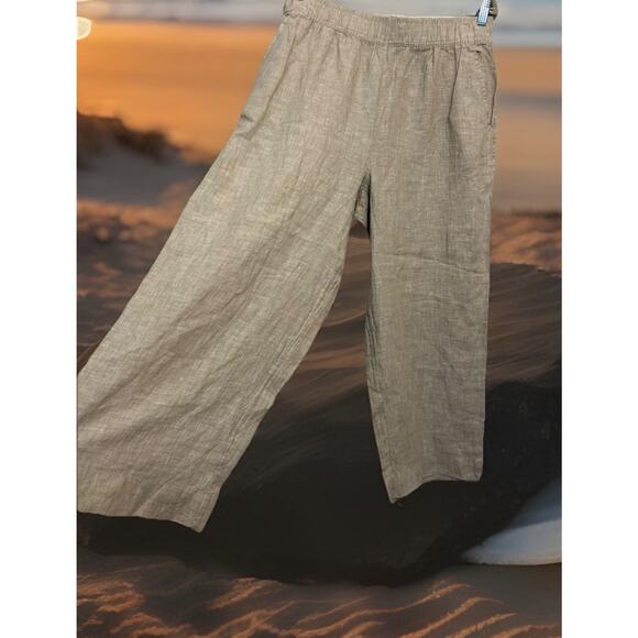 Tahari 100% Linen High Rise Wide Leg Cropped Pants EUC Sz L Nautical Beachy Boho - Picture 3 of 11